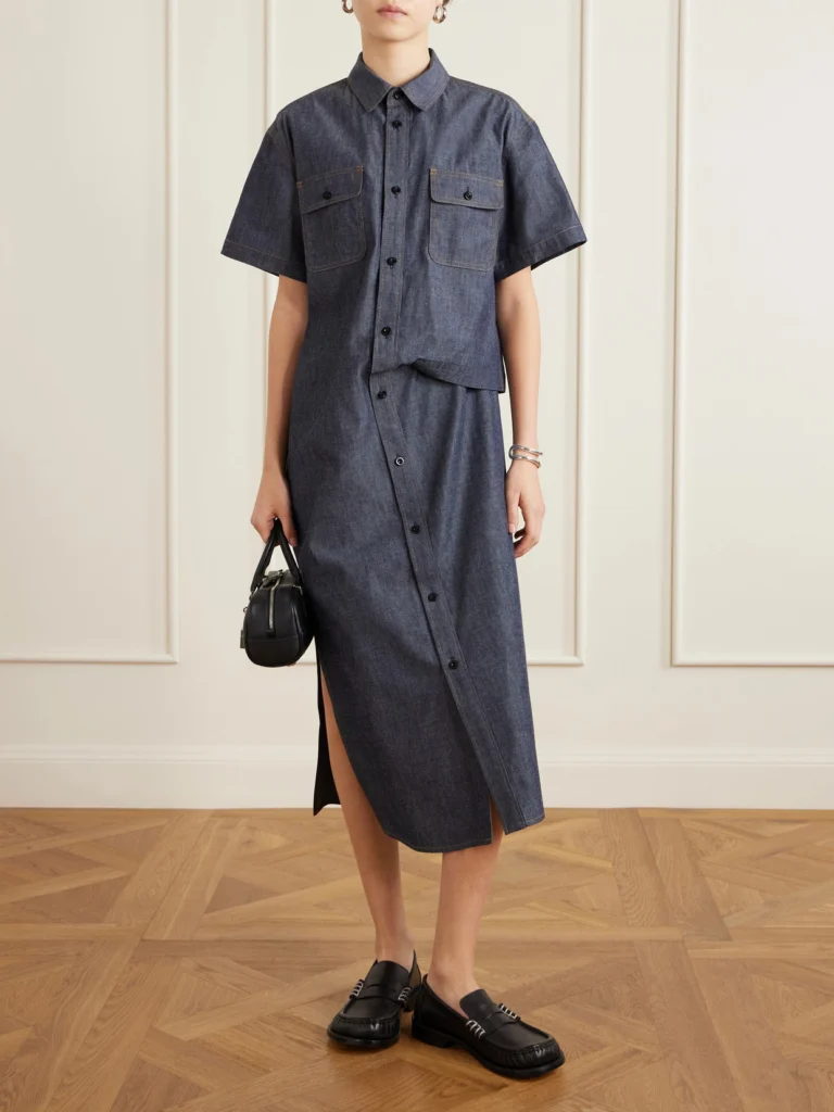 Sacai Gathered Denim Midi Dress