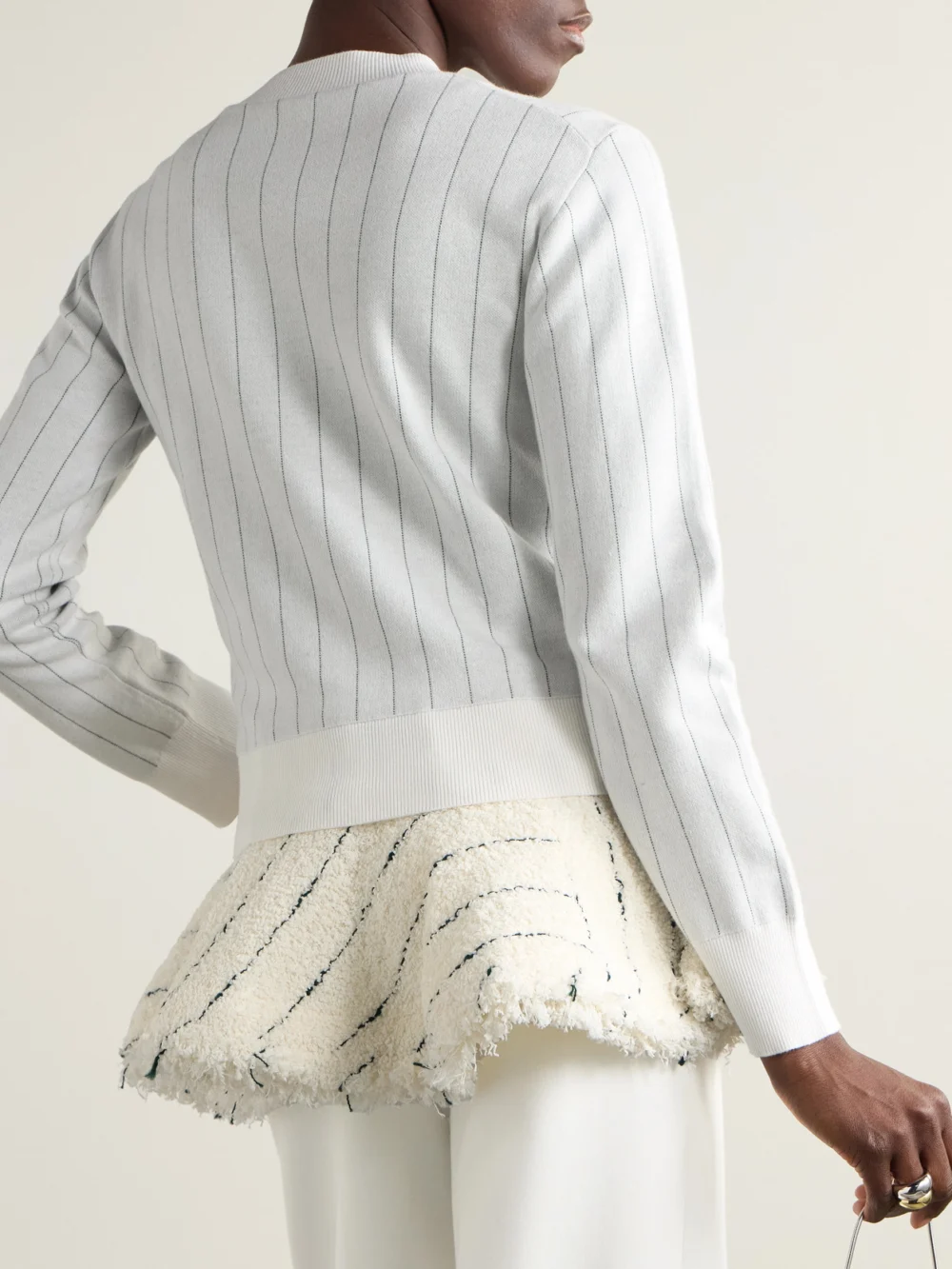 Back view of the Sacai Layered Striped Cotton and Bouclé-tweed Sweater