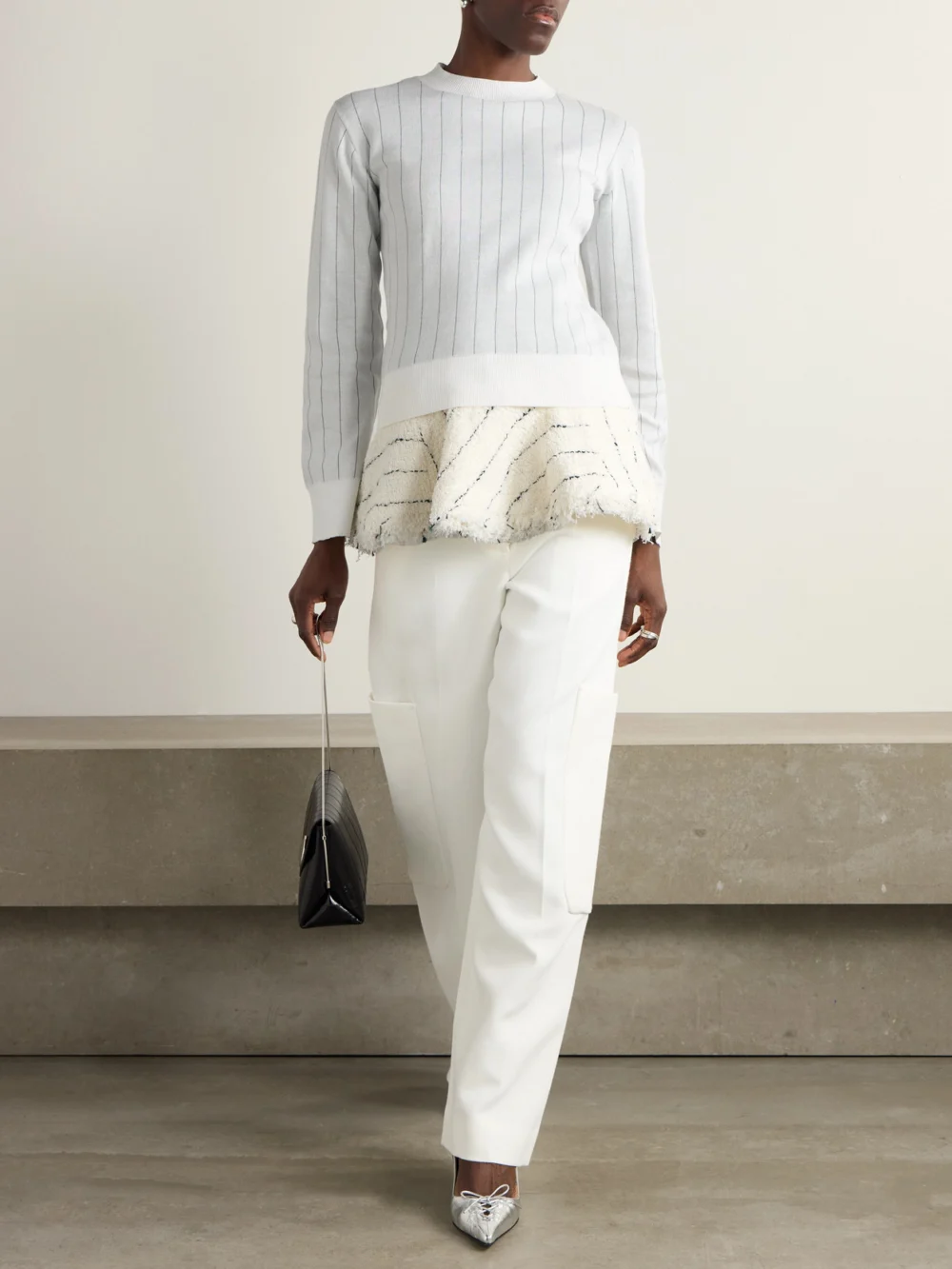 Sacai Layered Striped Cotton and Bouclé-tweed Sweater, worn by a model
