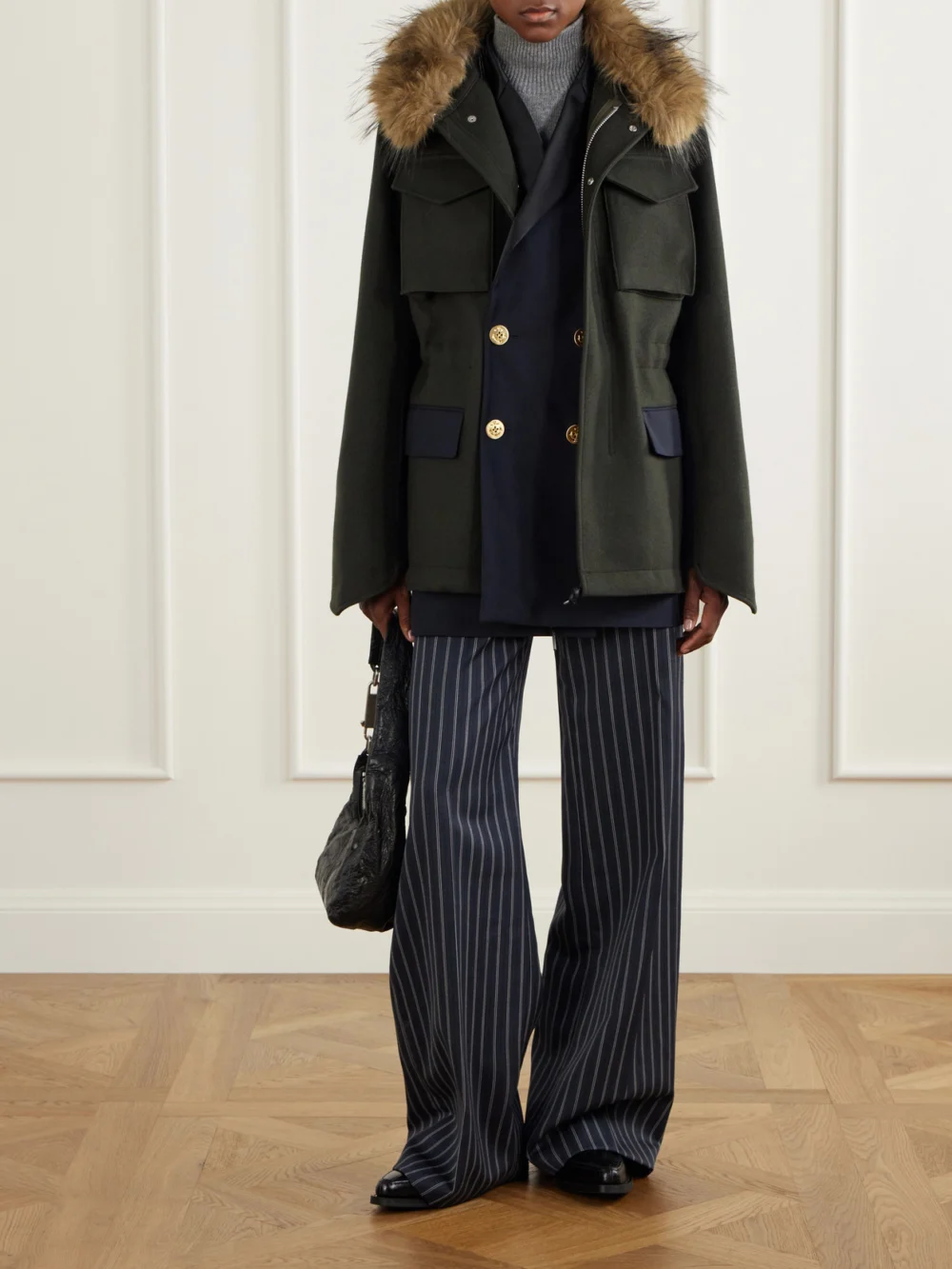 Sacai Layered Wool Coat, worn by a model