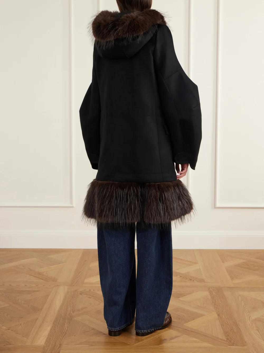 Back view of the Sacai Padded Plush-trimmed Wool Coat