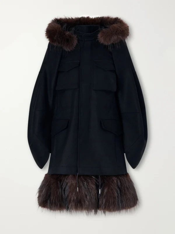 Sacai Padded Plush-trimmed Wool Coat