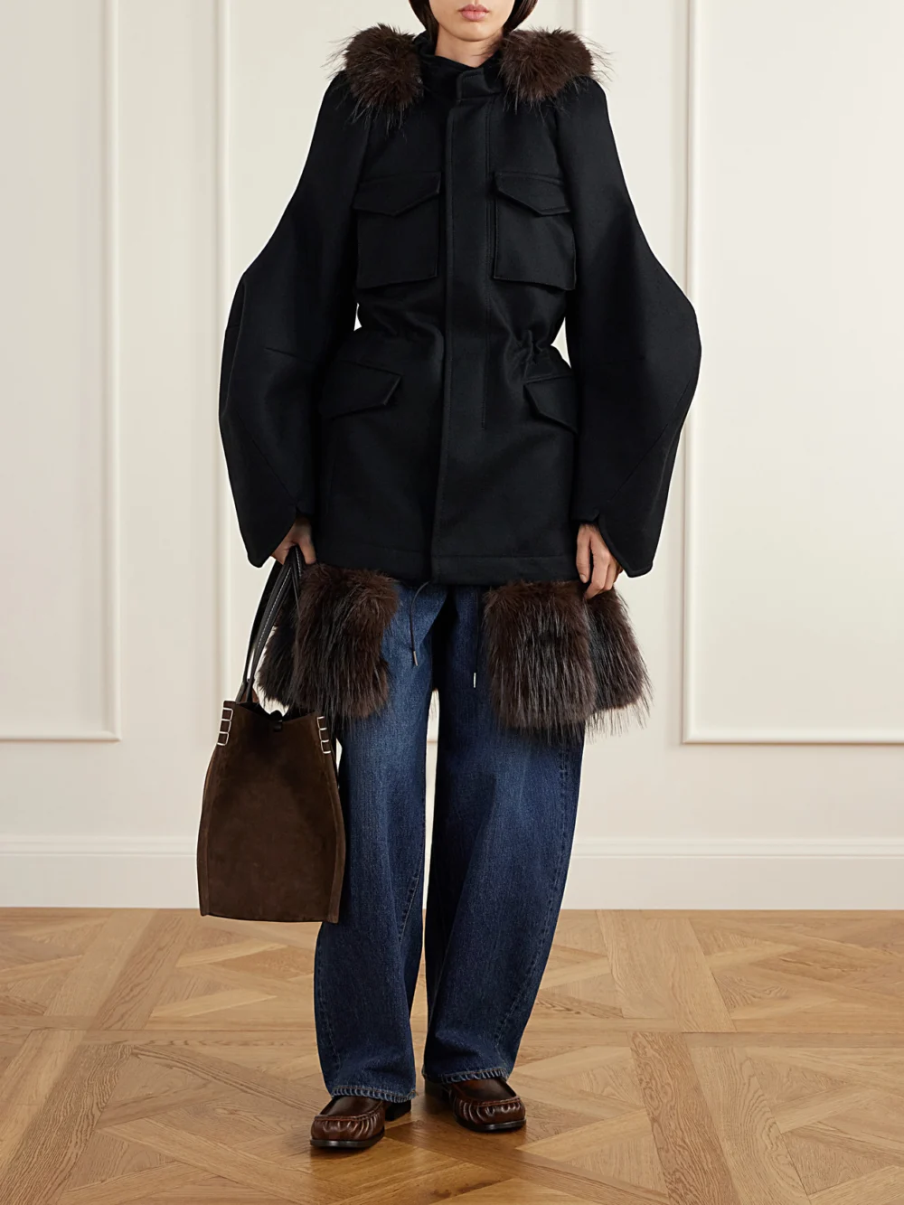 Sacai Padded Plush-trimmed Wool Coat, worn by a model