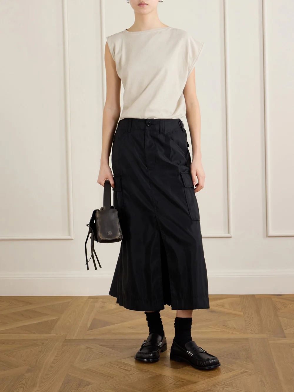 Sacai Padded Twill Midi Skirt, worn by a model