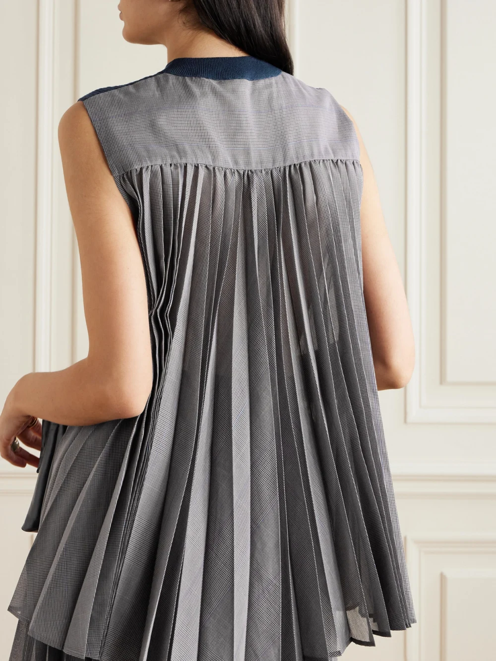 Back view of the Sacai Paneled Ribbed Cotton-blend and Pleated Checked Voile Top
