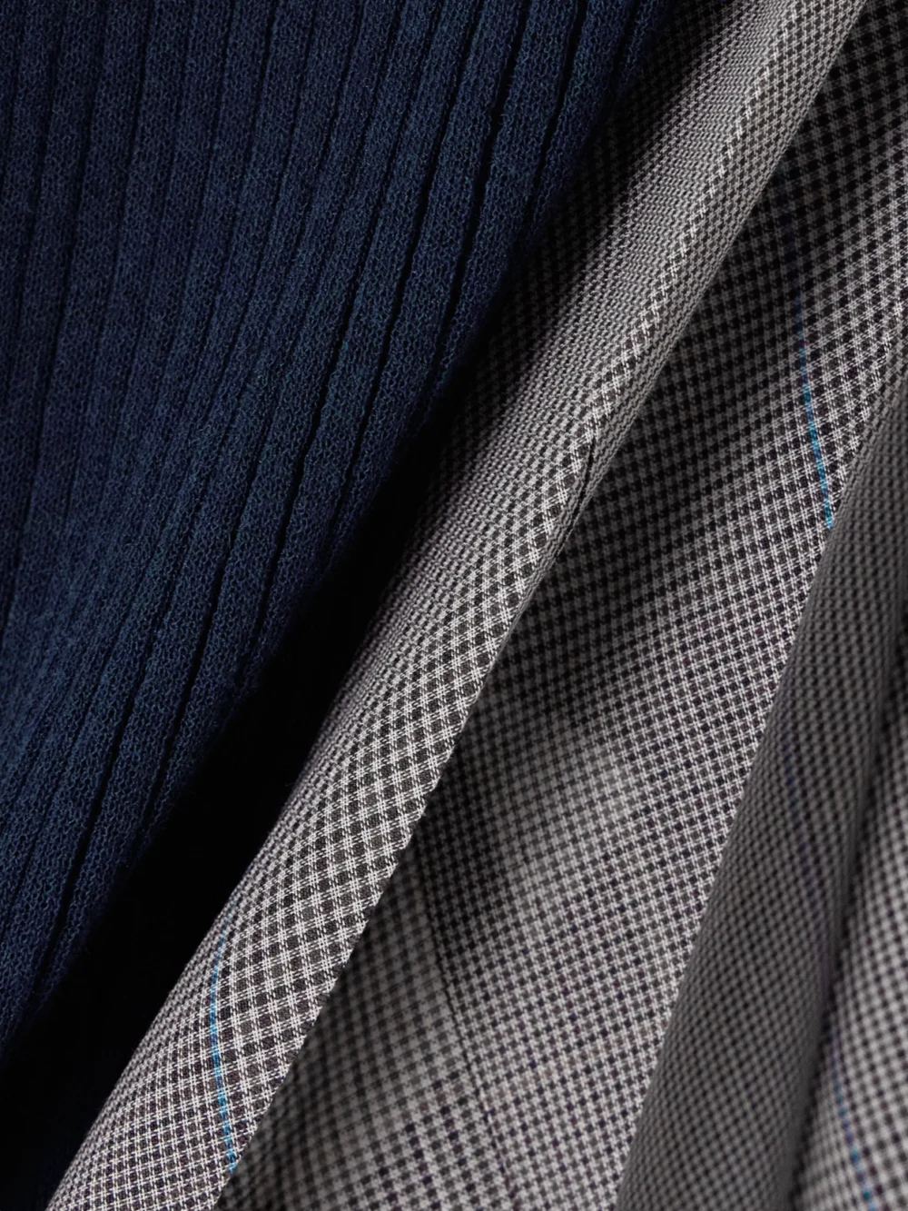 Close-up detail of the Sacai Paneled Ribbed Cotton-blend and Pleated Checked Voile Top