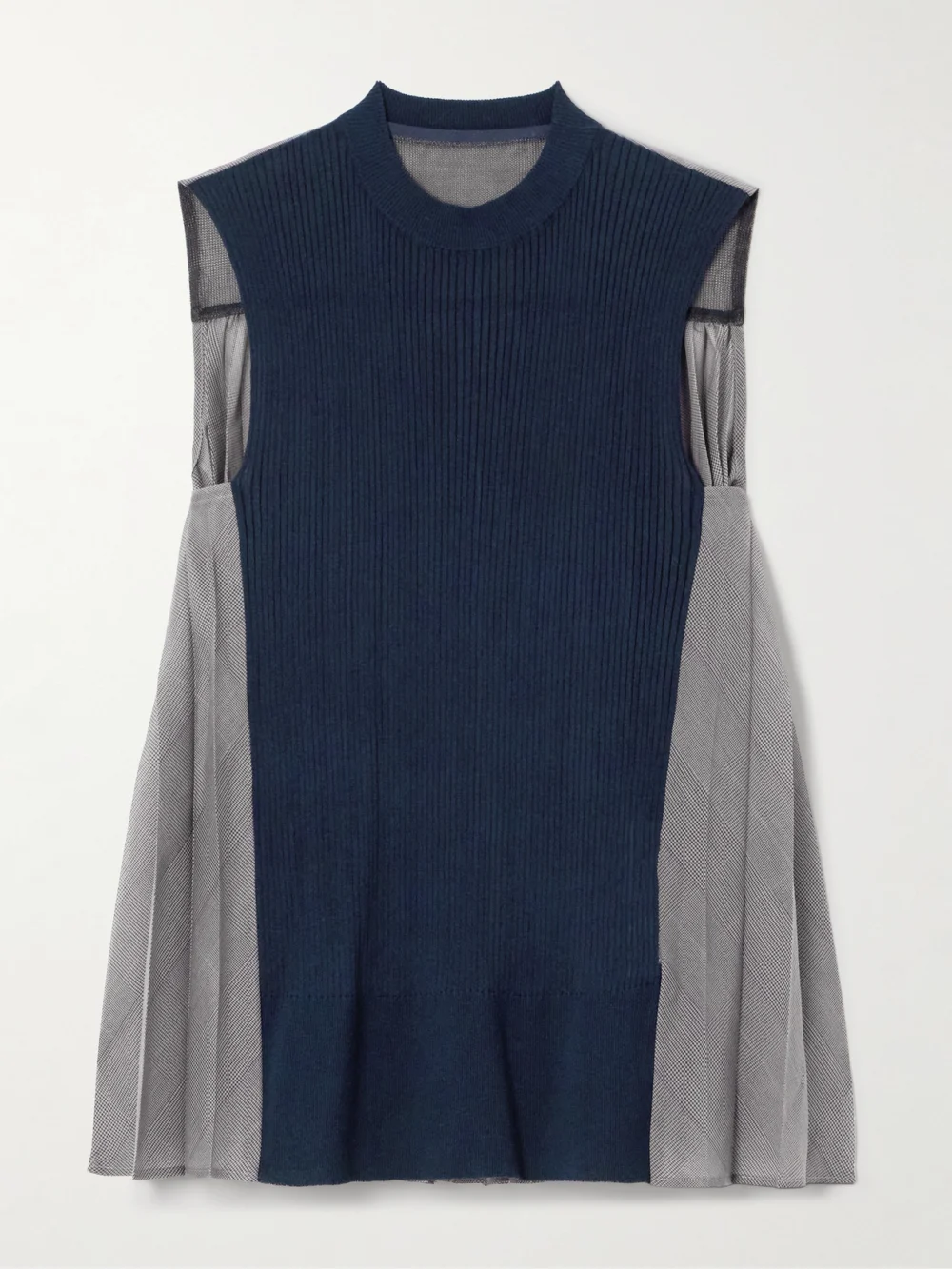 Sacai Paneled Ribbed Cotton-blend and Pleated Checked Voile Top in navy