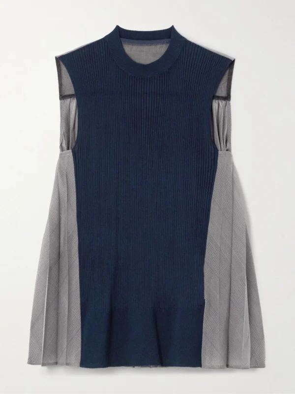 Sacai Paneled Ribbed Cotton-blend and Pleated Checked Voile Top