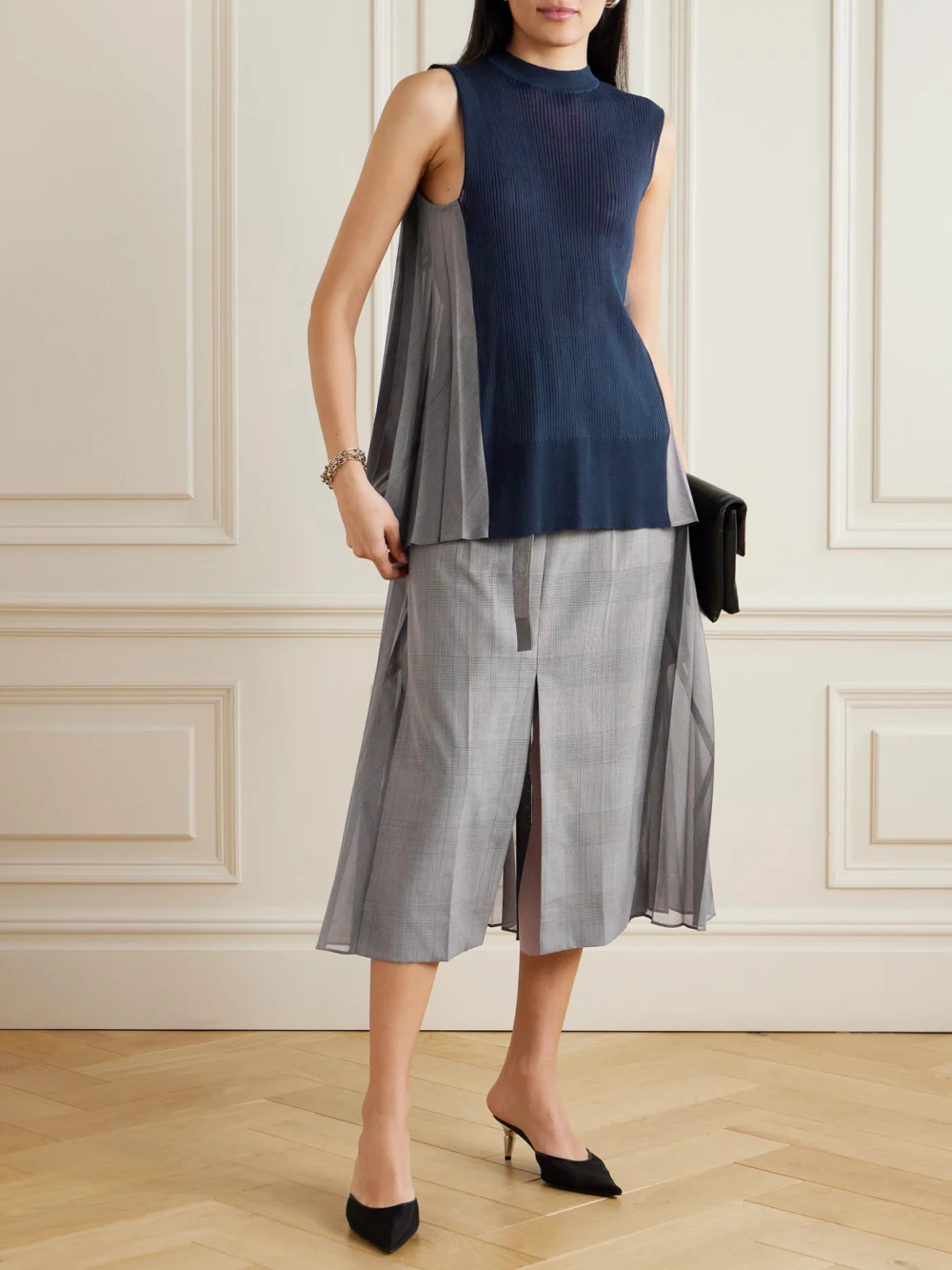 Sacai Paneled Ribbed Cotton-blend and Pleated Checked Voile Top, worn by a model