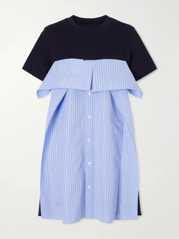 Sacai Paneled Ruffled Cotton-jersey and Poplin Mini Dress