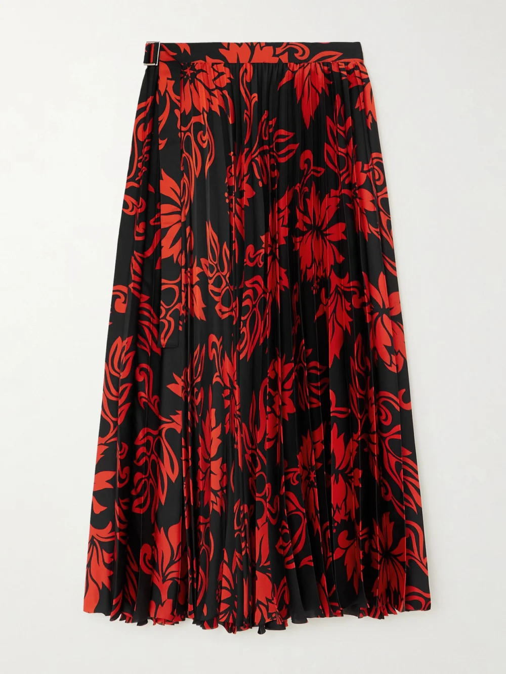 Sacai Pleated Floral-print Satin Midi Skirt in red