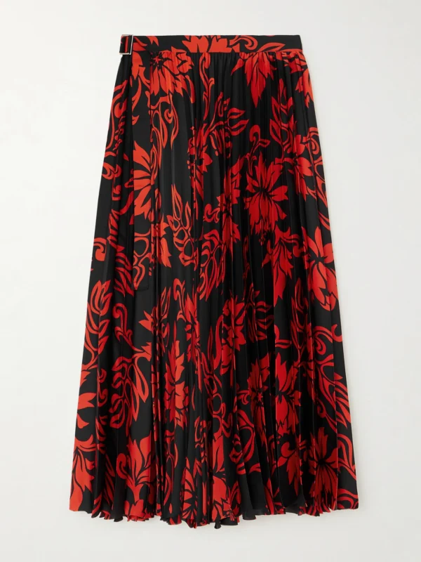 Sacai Pleated Floral-print Satin Midi Skirt