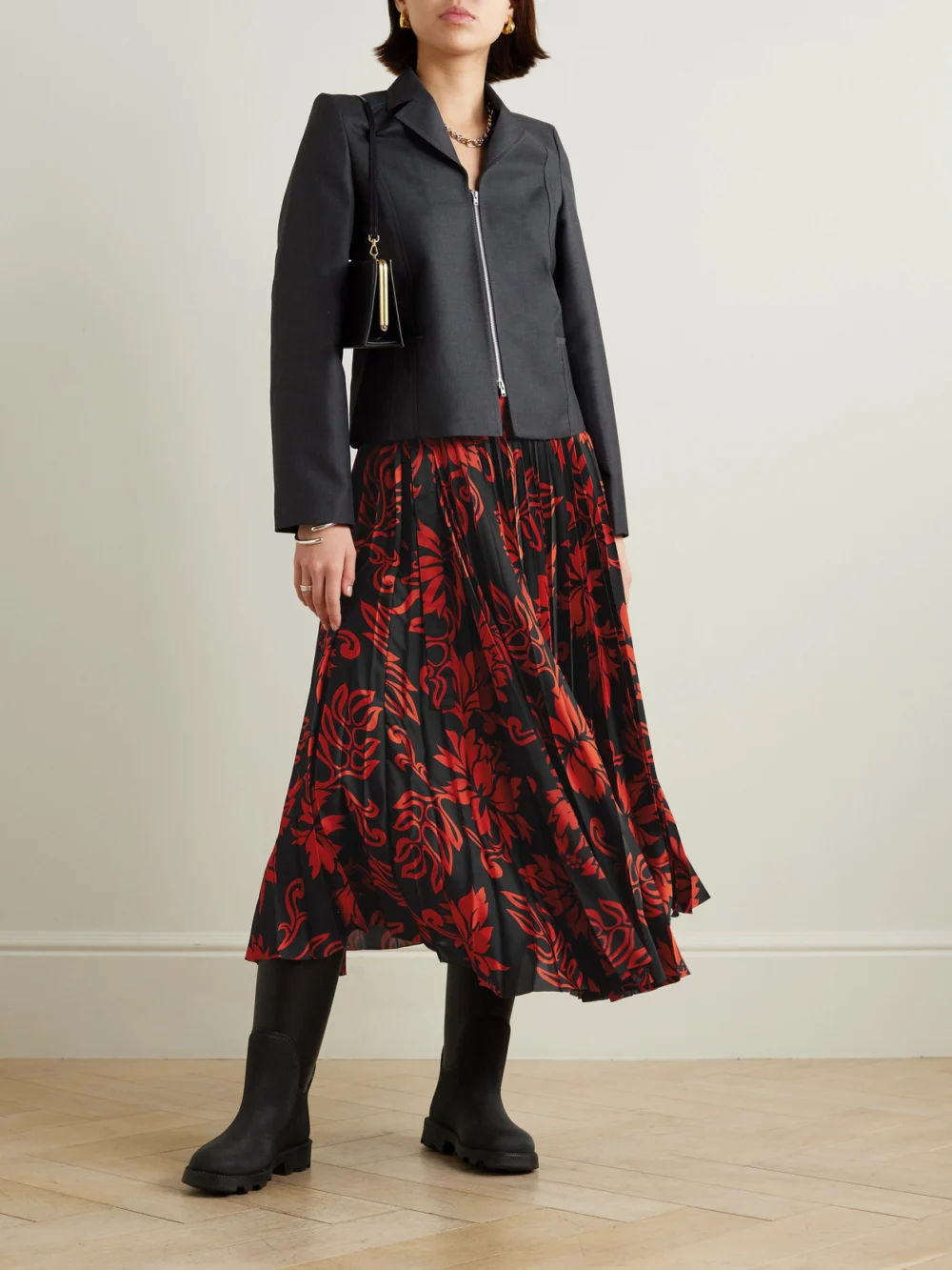 Sacai Pleated Floral-print Satin Midi Skirt, worn by a model