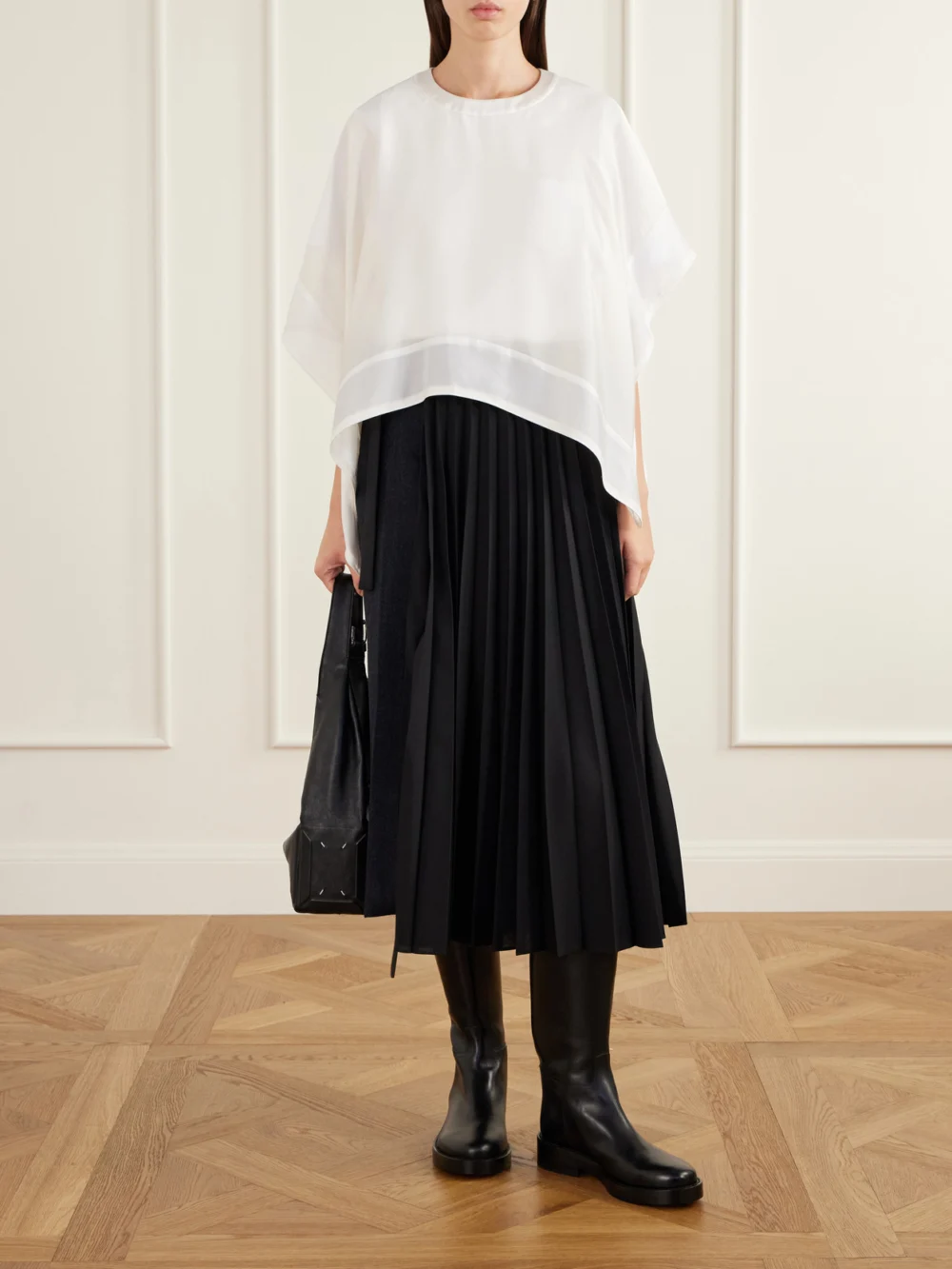 Sacai Pleated Herringbone Wool-blend Midi Skirt, worn by a model
