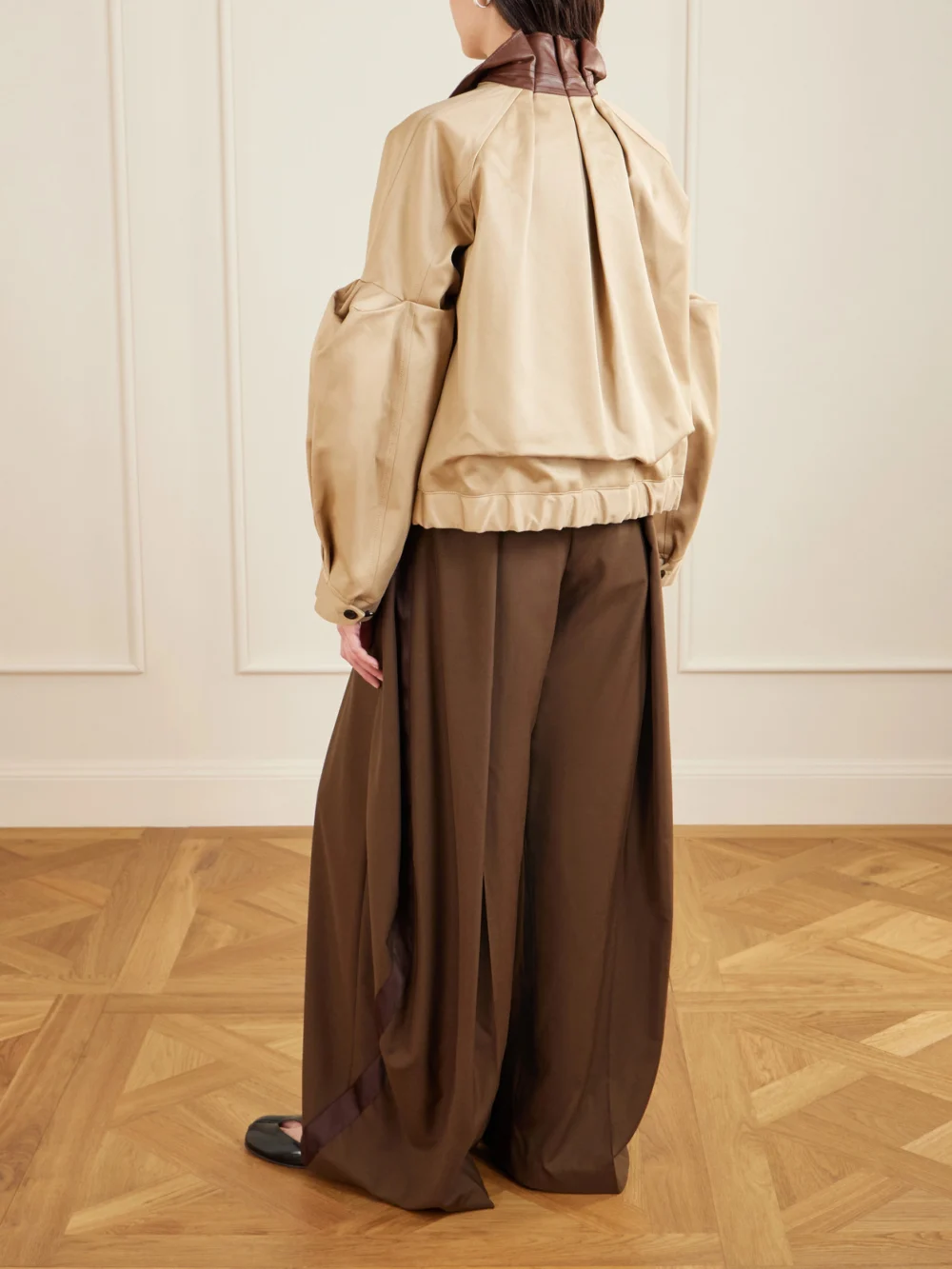 Back view of the Sacai Pleated Leather-trimmed Cotton-twill Jacket