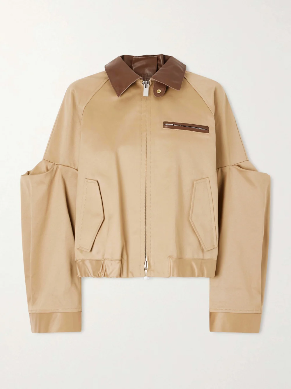 Sacai Pleated Leather-trimmed Cotton-twill Jacket in beige