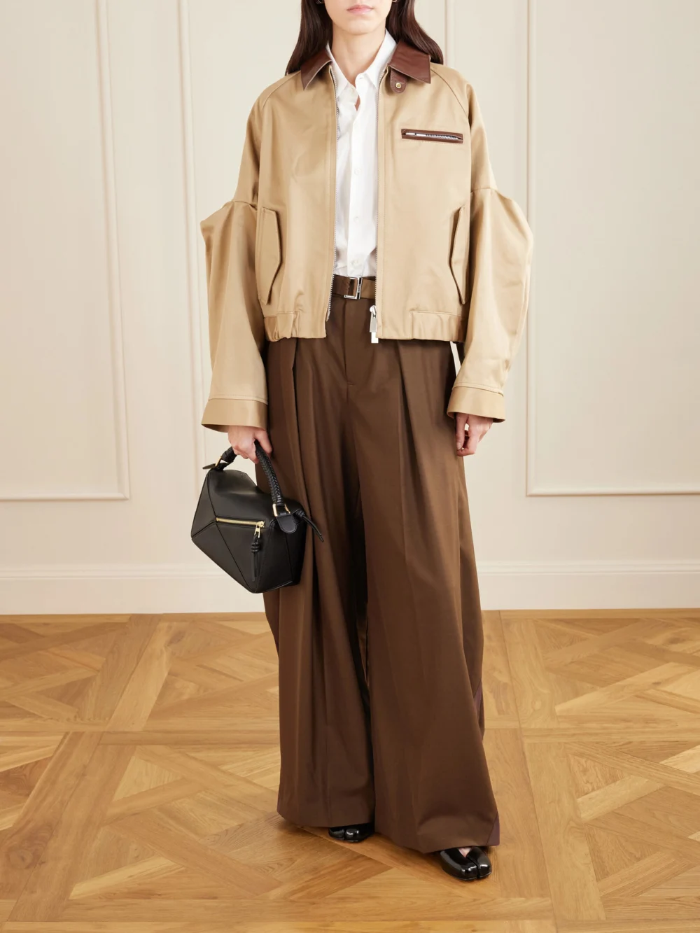 Sacai Pleated Leather-trimmed Cotton-twill Jacket, worn by a model