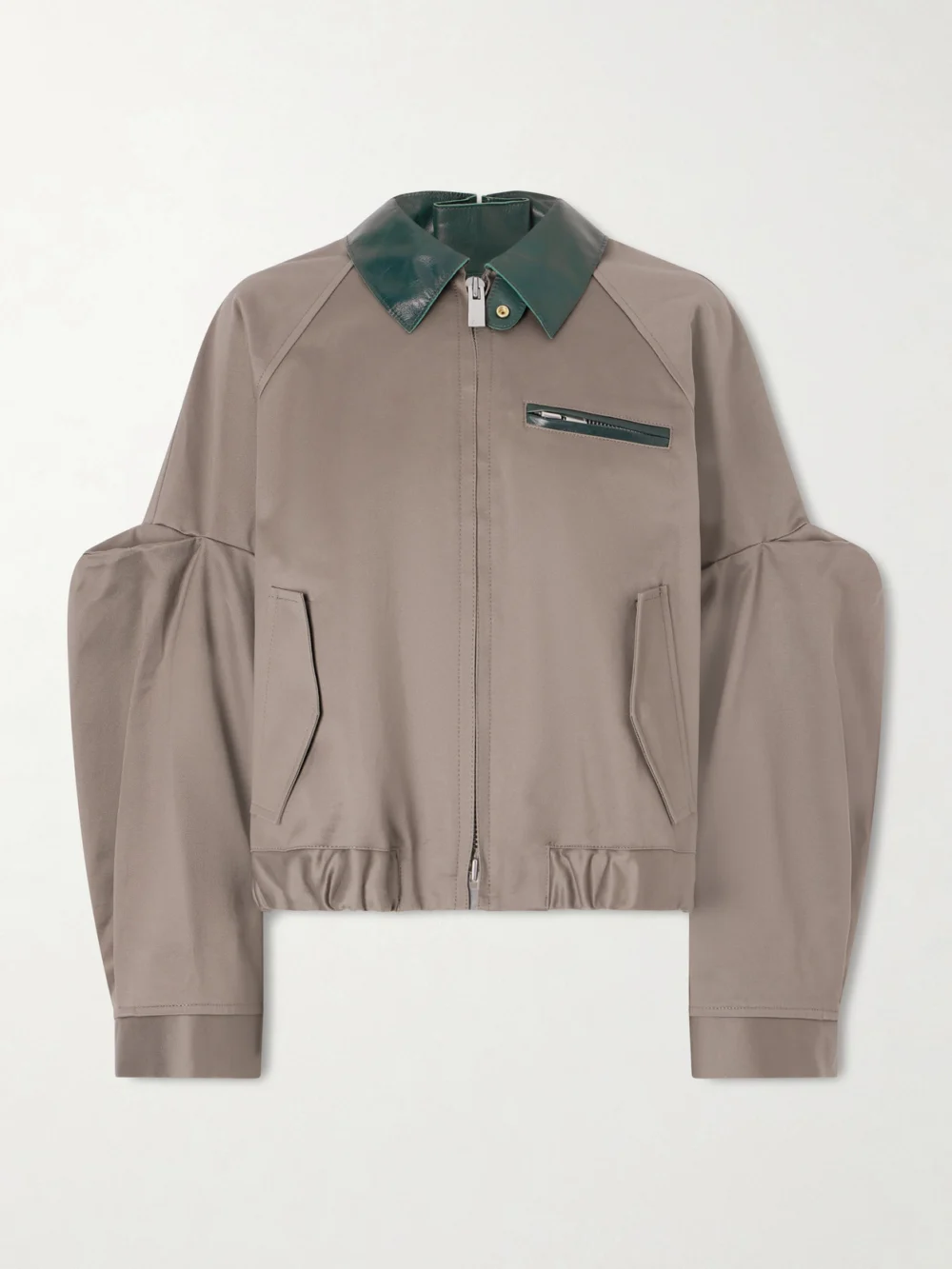 Sacai Pleated Leather-trimmed Cotton-twill Jacket in brown