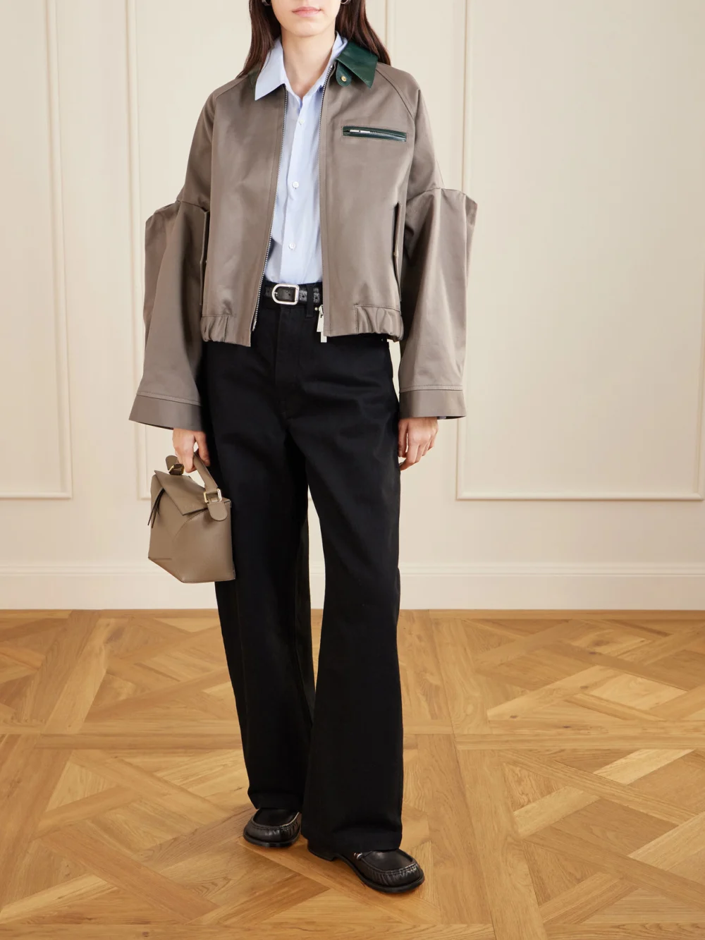 Sacai Pleated Leather-trimmed Cotton-twill Jacket, worn by a model