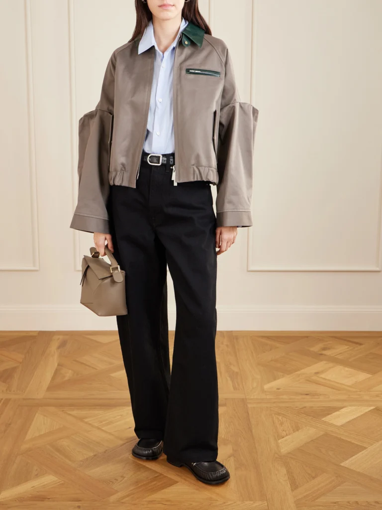 Sacai Pleated Leather-trimmed Cotton-twill Jacket