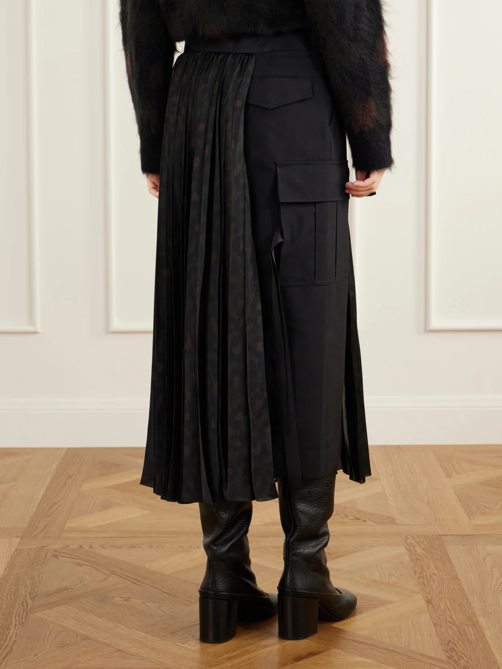 Back view of the Sacai Pleated Leopard-print Jersey and Satin Midi Skirt