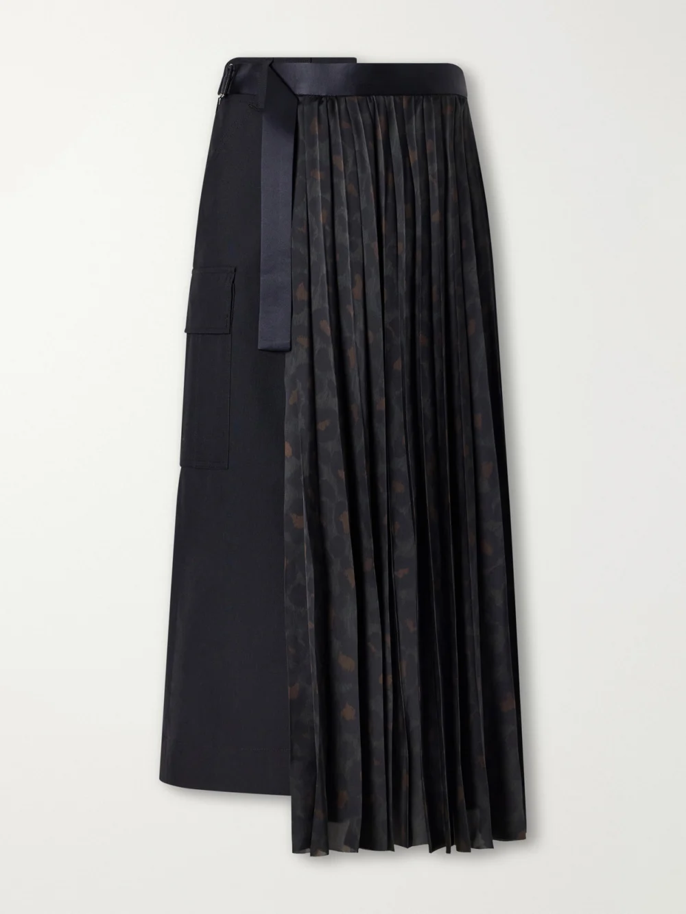 Sacai Pleated Leopard-print Jersey and Satin Midi Skirt in black