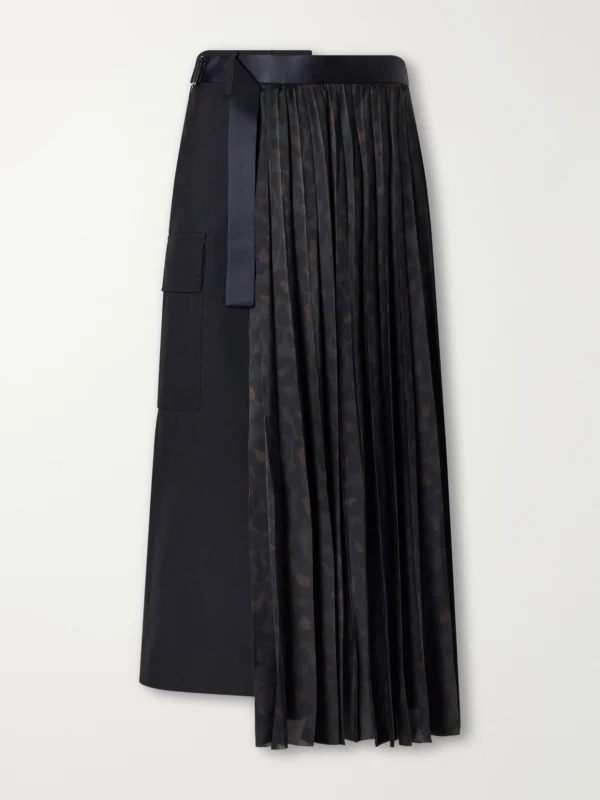 Sacai Pleated Leopard-print Jersey and Satin Midi Skirt