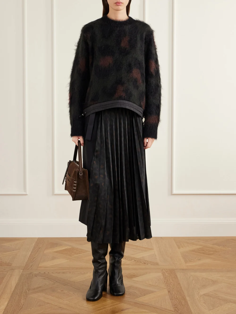 Sacai Pleated Leopard-print Jersey and Satin Midi Skirt, worn by a model