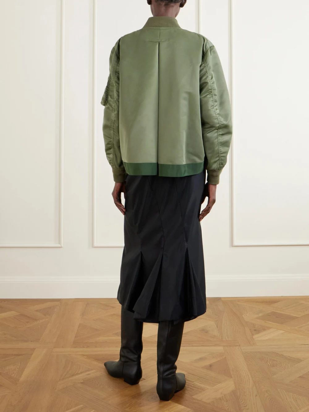 Back view of the Sacai Pleated Padded Shell Bomber Jacket