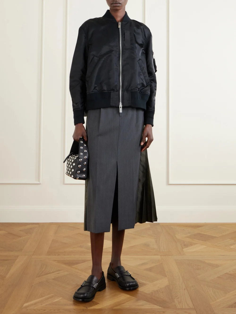 Sacai Pleated Padded Shell Bomber Jacket, worn by a model