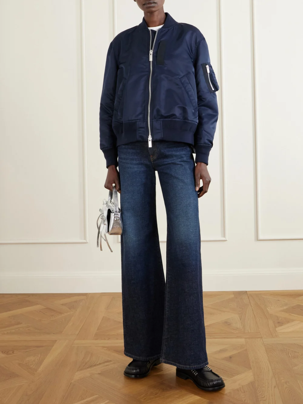 Sacai Pleated Padded Shell Bomber Jacket, worn by a model