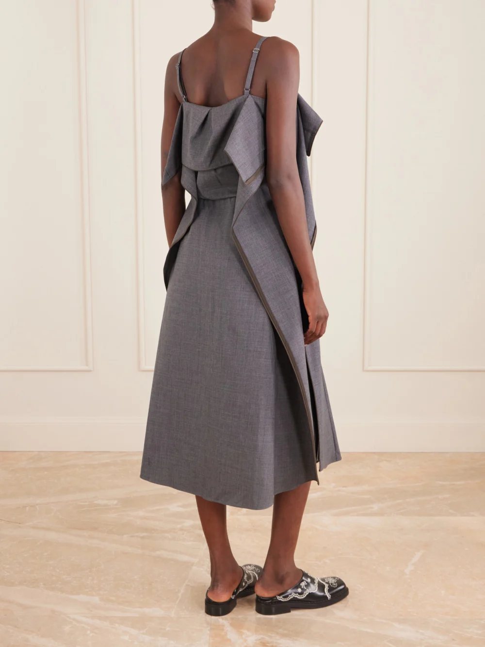Back view of the Sacai Pleated Ruffled Wool Midi Dress