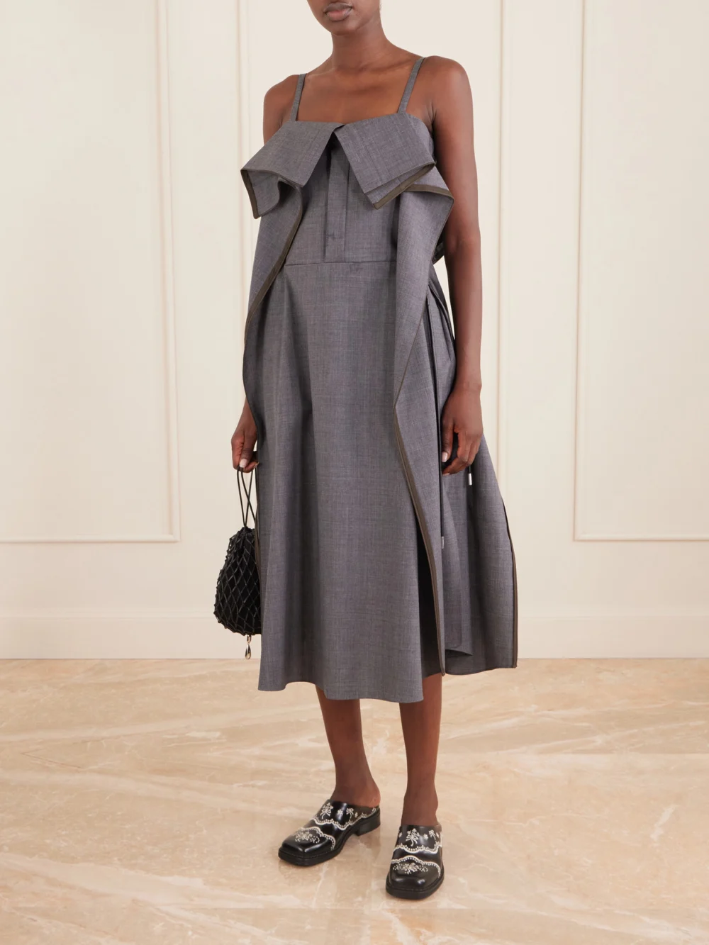 Sacai Pleated Ruffled Wool Midi Dress, worn by a model
