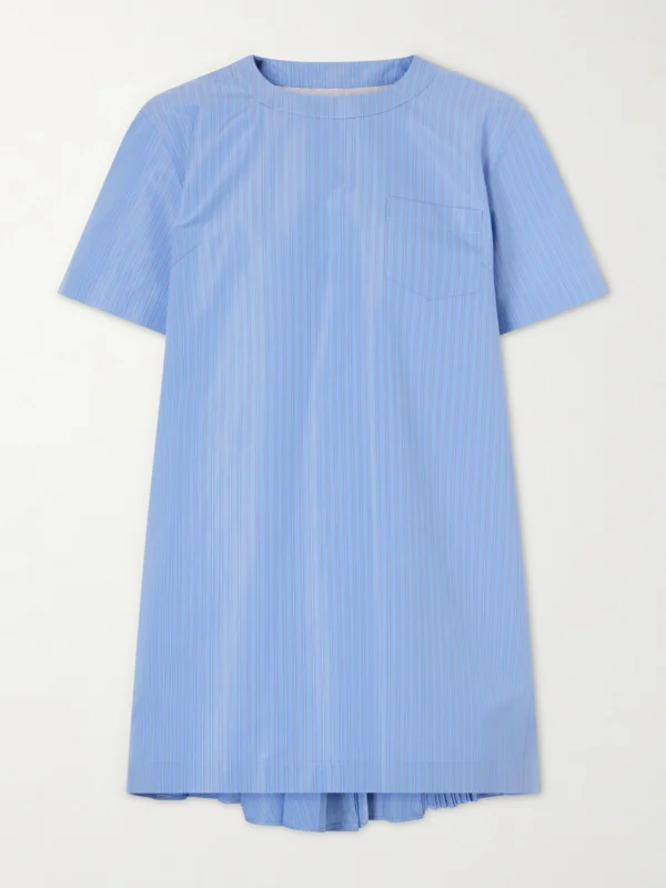 Sacai Pleated Striped Cotton-blend Poplin Mini Dress