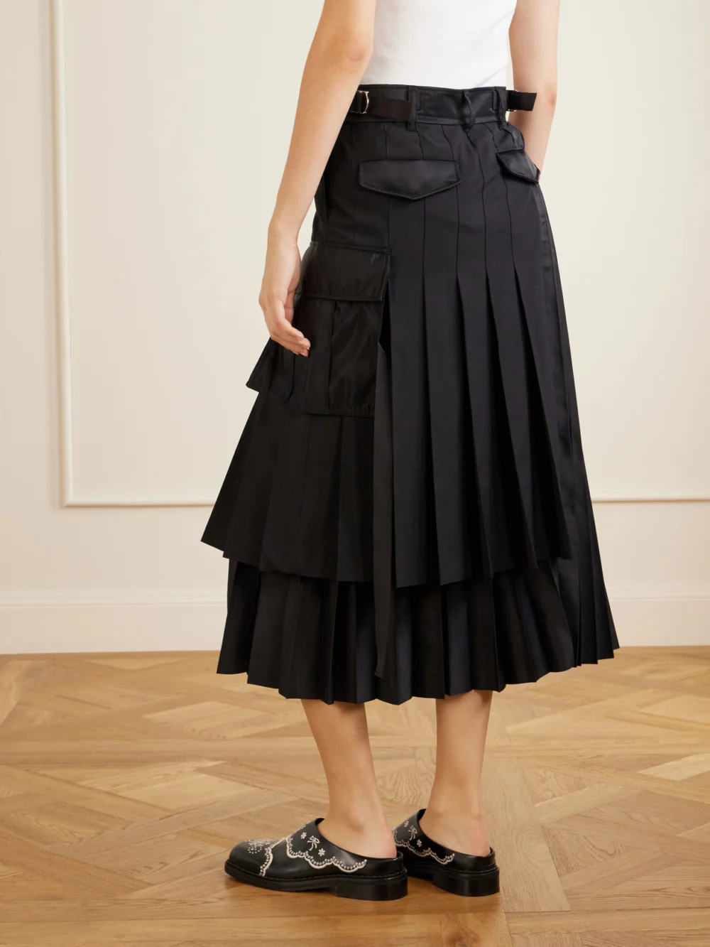Back view of the Sacai Pleated Twill and Shell Midi Skirt