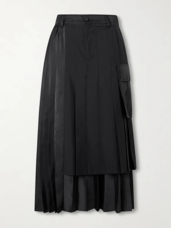 Sacai Pleated Twill and Shell Midi Skirt