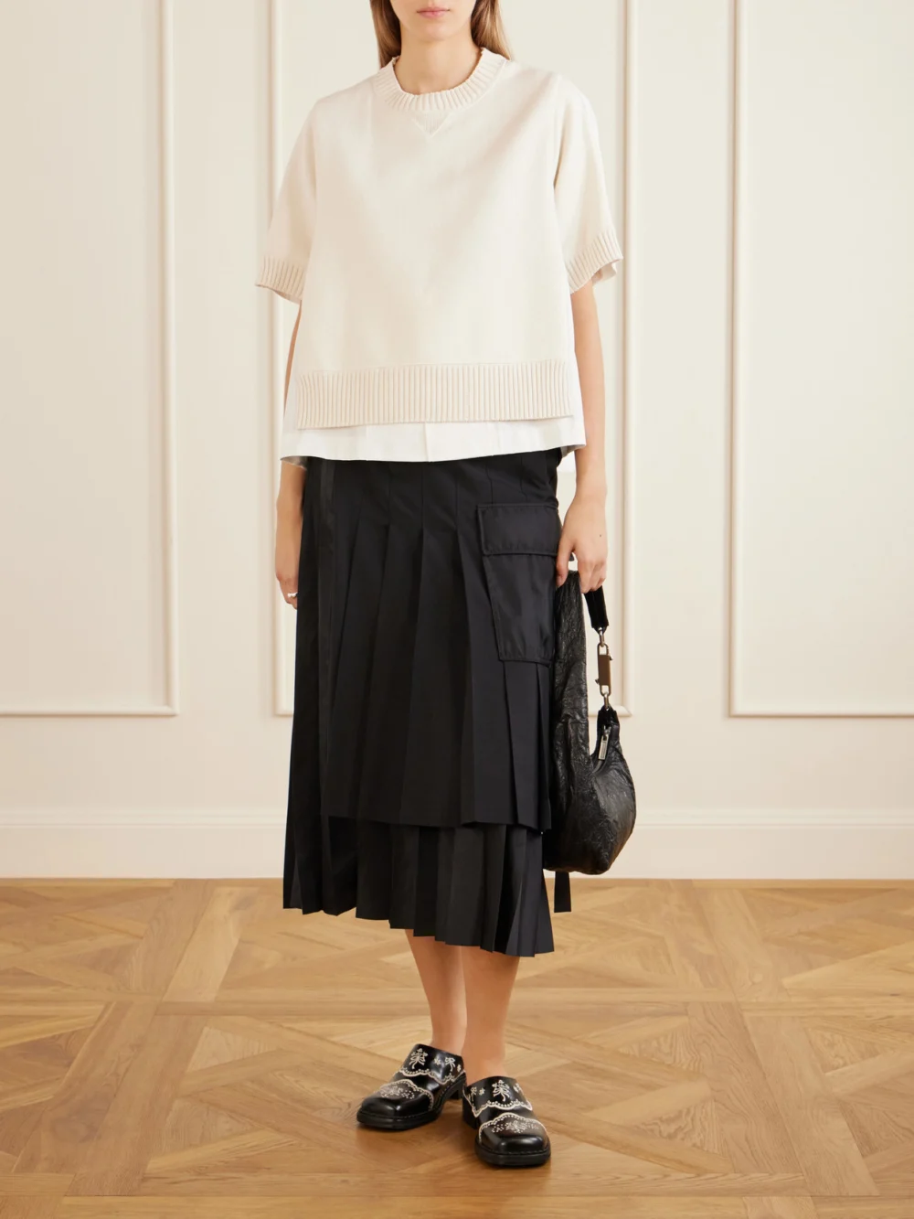 Sacai Pleated Twill and Shell Midi Skirt, worn by a model