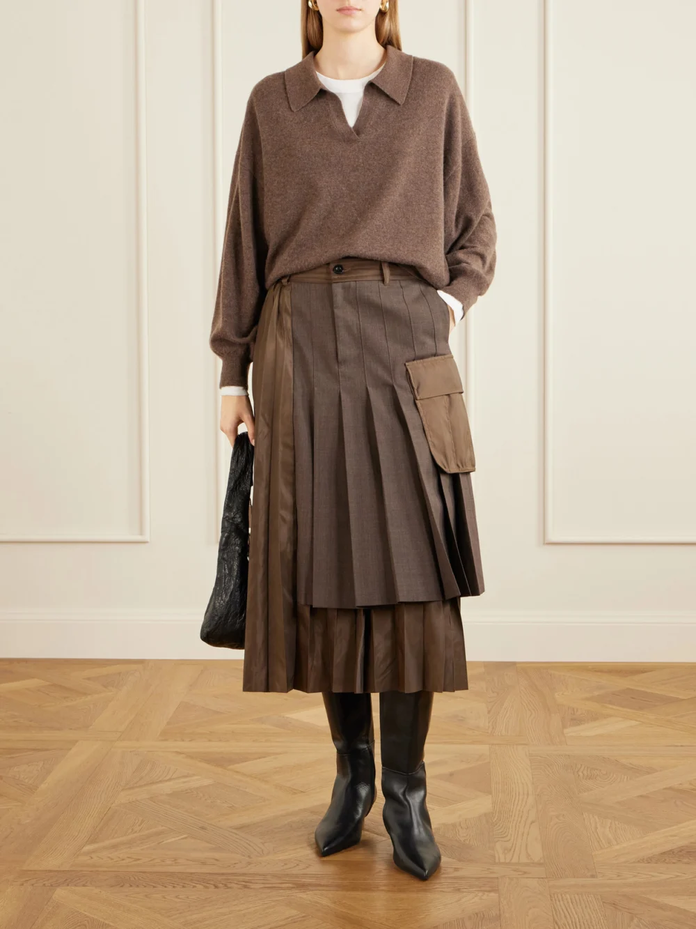 Sacai Pleated Twill and Shell Midi Skirt, worn by a model