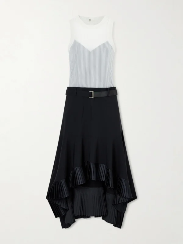 Sacai Pleated Wool-trimmed Plissé-chiffon Midi Dress