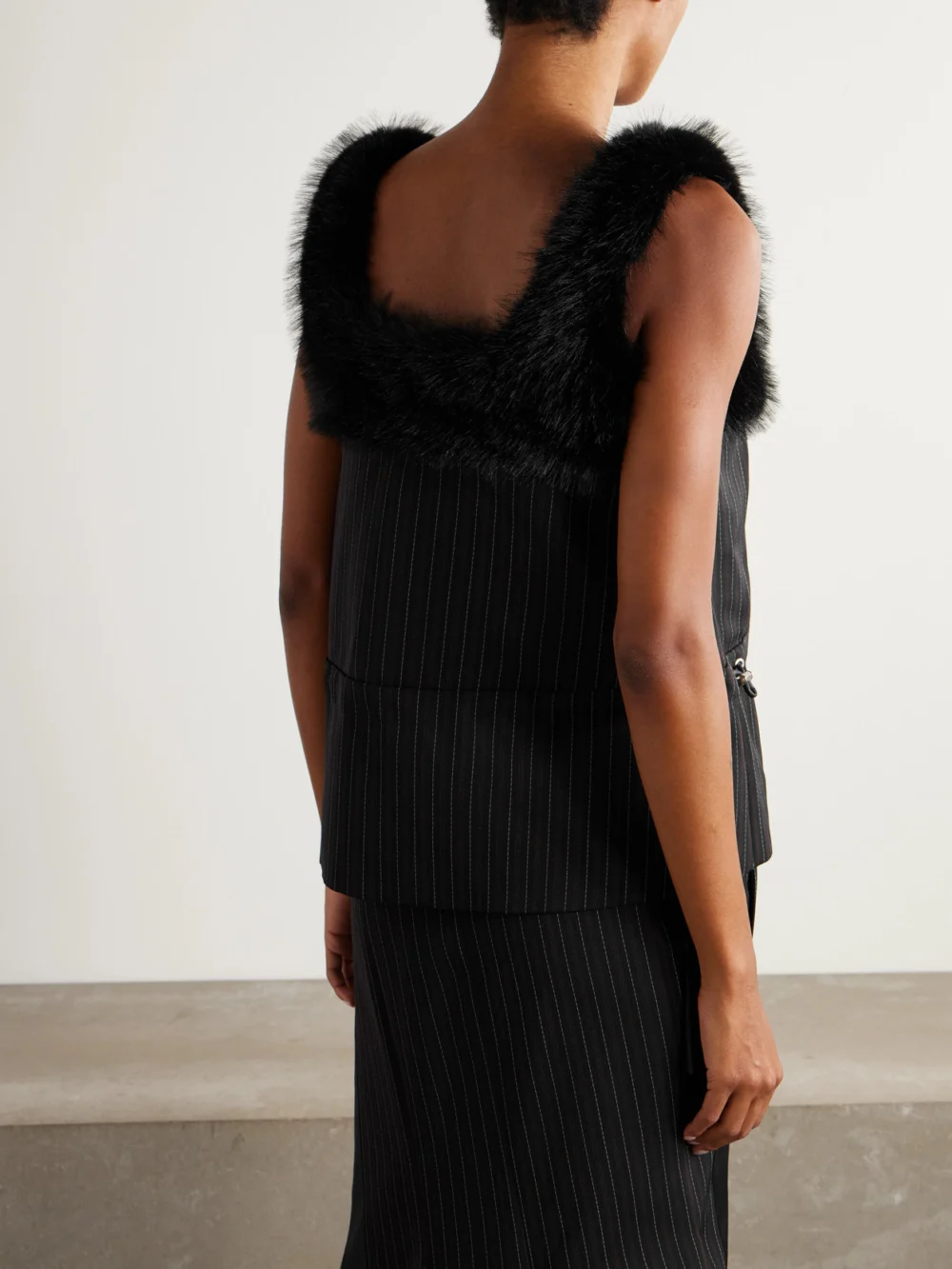 Back view of the Sacai Plush-trimmed Striped Woven Top