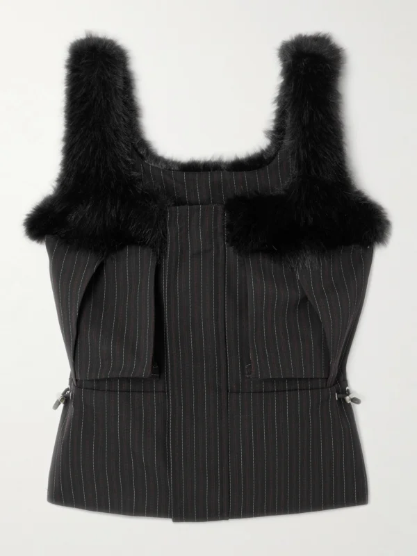 Sacai Plush-trimmed Striped Woven Top