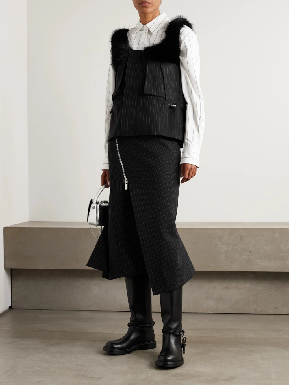 Sacai Plush-trimmed Striped Woven Top, worn by a model