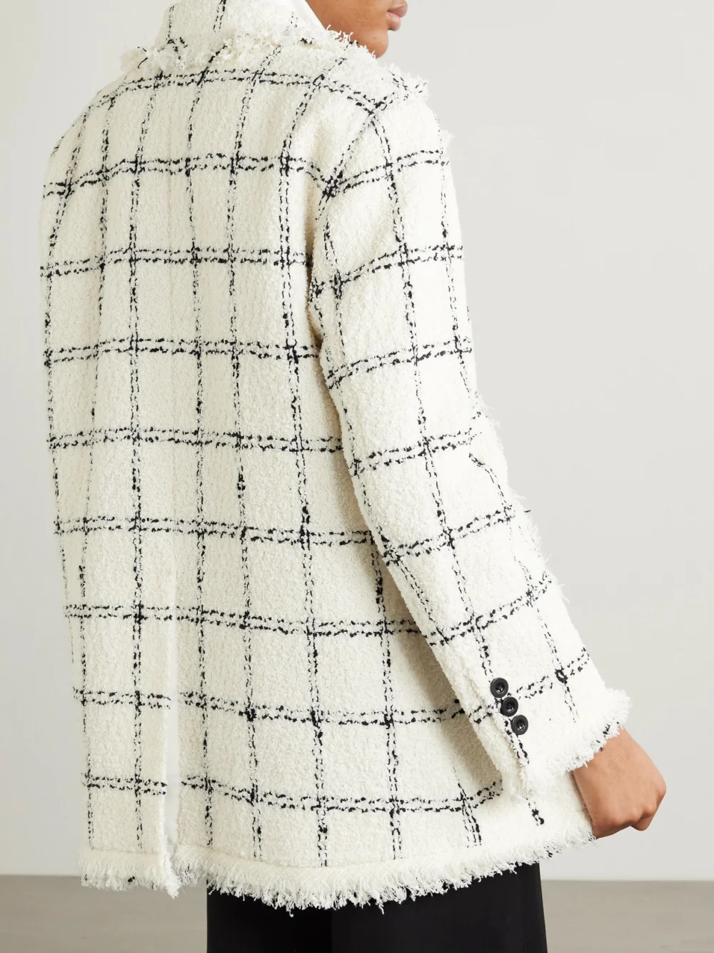 Back view of the Sacai Ribbed Layered Frayed Checked Wool-blend Tweed Jacket