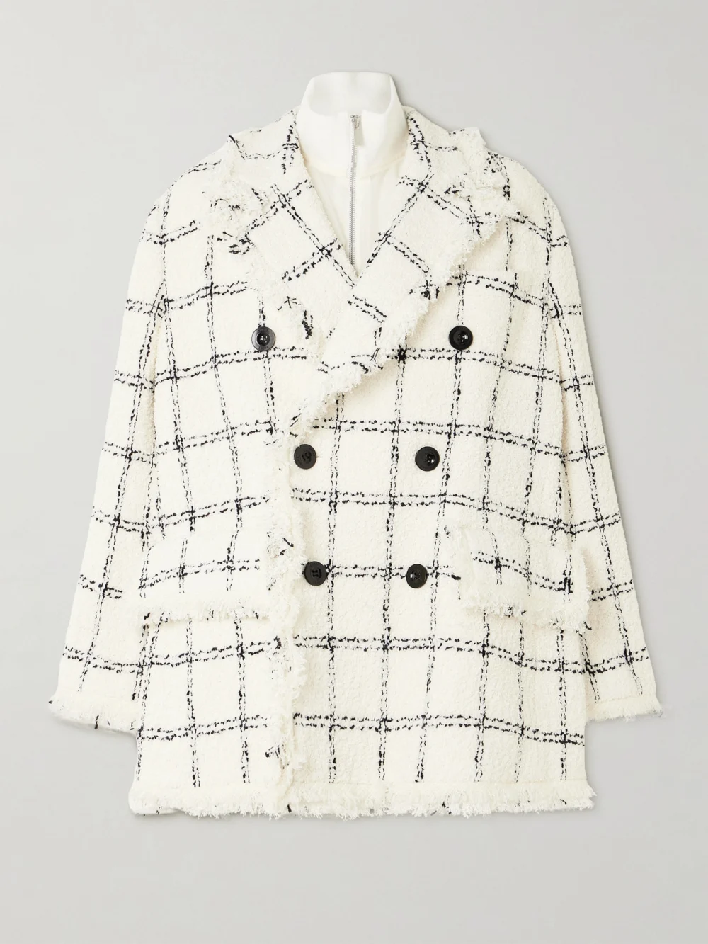 Sacai Ribbed Layered Frayed Checked Wool-blend Tweed Jacket in neutral