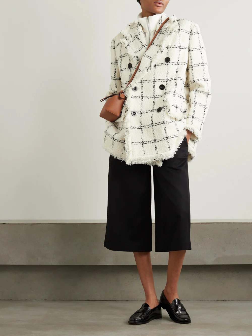 Sacai Ribbed Layered Frayed Checked Wool-blend Tweed Jacket, worn by a model