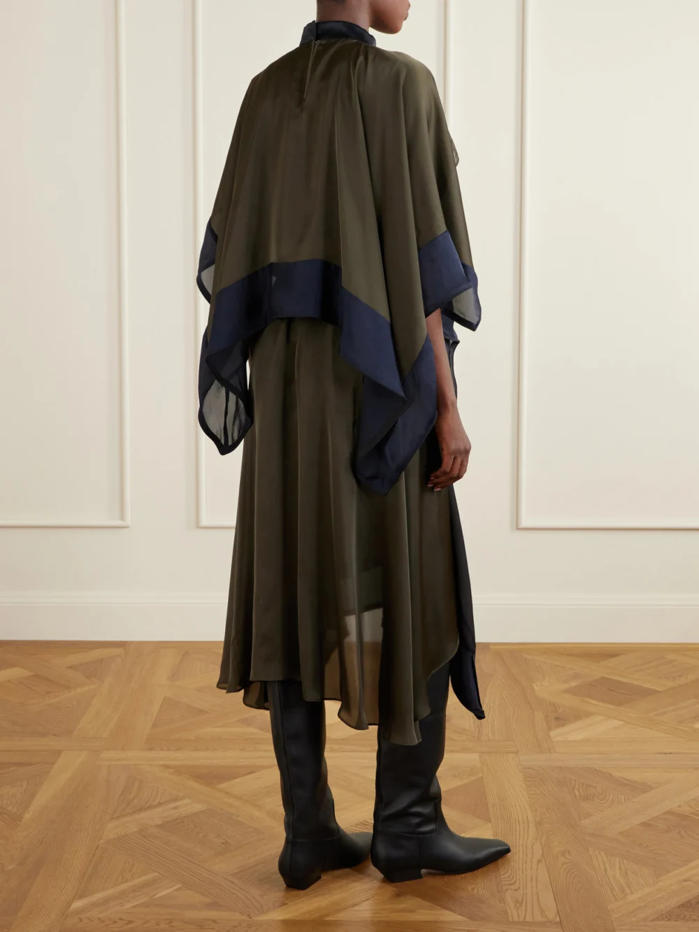 Back view of the Sacai Satin Chiffon-trimmed Midi Dress