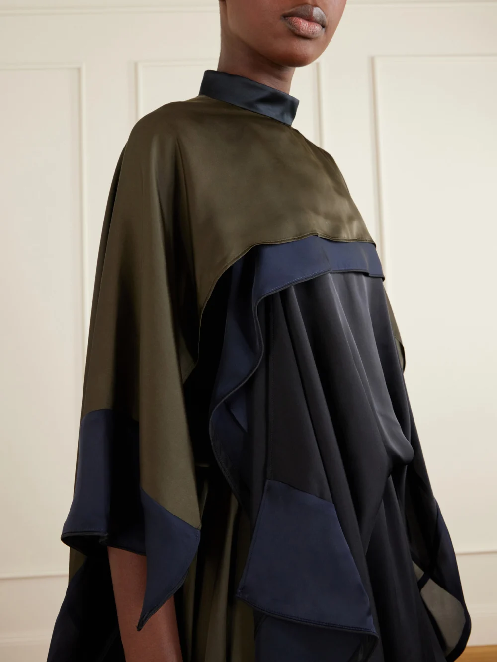 Close-up detail of the Sacai Satin Chiffon-trimmed Midi Dress
