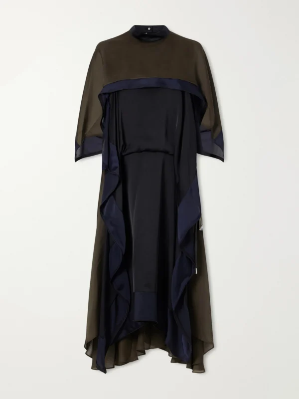 Sacai Satin Chiffon-trimmed Midi Dress