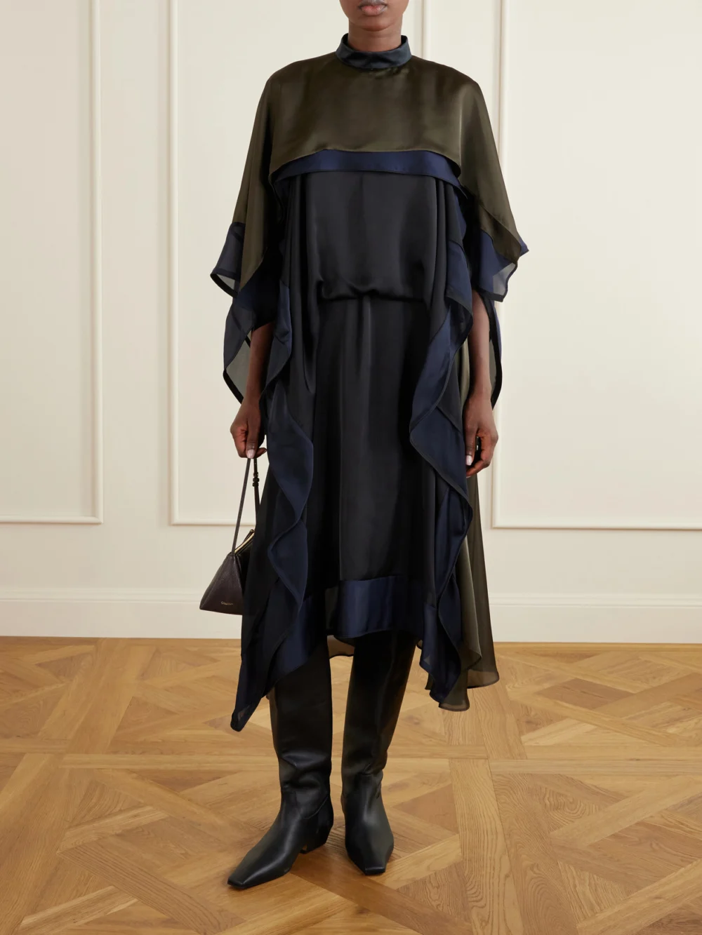 Sacai Satin Chiffon-trimmed Midi Dress, worn by a model