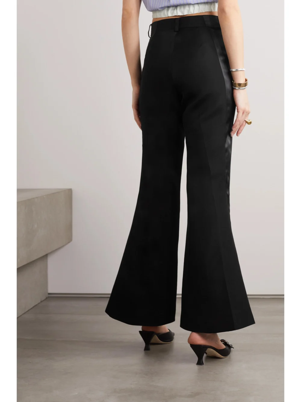 Back view of the Sacai Satin-trimmed Silk and Cotton-blend Flared Pants